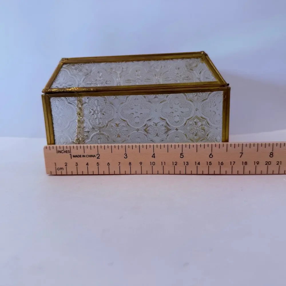 Vintage Brass Glass Box Mirror Floral Textured Side Footed Chain Latch 7 x 6 x 4